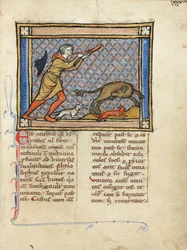 A Hunter Blowing His Horn While His Dogs Attack a Beaver